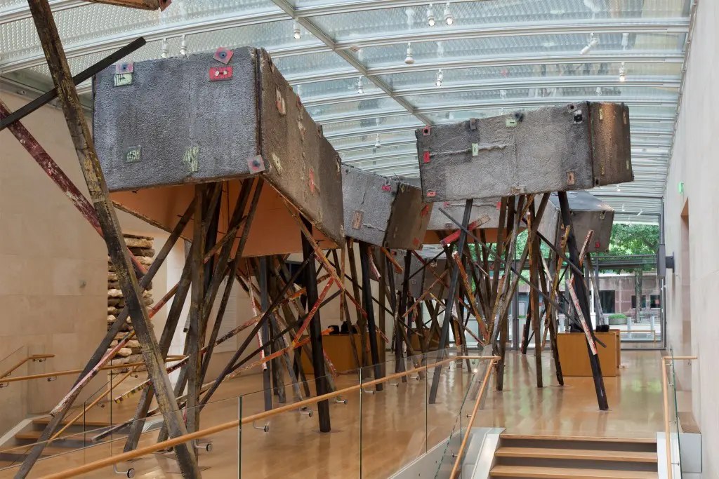 The artist's "Untitled:stiltedcrates2015", 2015, commands attenion at the museum entrance.