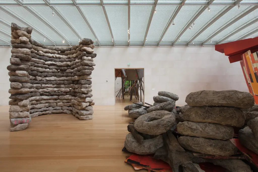 Left to right: the sculptor's "Untitled:holder2015," and "Untitled:stockade2015," both 2015, create an intriguing dialogue with the Nasher's polished Renzo Piano interiors.