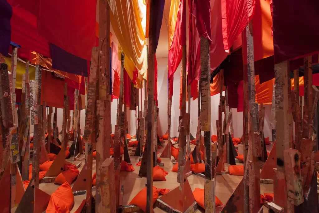 Barlow's exuberant "Untitled:100banners2015," 2015, holds court downstairs at the Nasher.