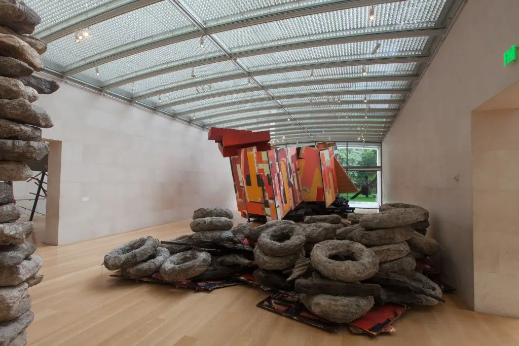 Barlow's "Untitled:stockade2015," 2015, looking toward the Nasher's garden