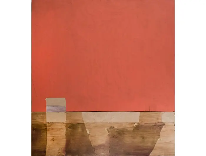 Another more abstract, quieter direction in Darwin Arevalo's painting, "Pink Landscape Study," 2015, incorporates elements from a deconstructed Catastrophic Theatre stage set. 