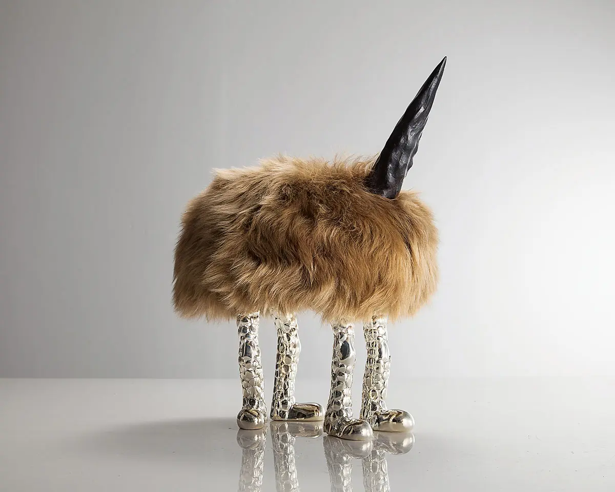 Unique Queef Richards Mini Beast in tan goat fur with Chester Cheetah feet in silver-plated bronze and carved ebony horns, designed and made by The Haas Brothers, Los Angeles, 2015. Photography by Joe Kramm.