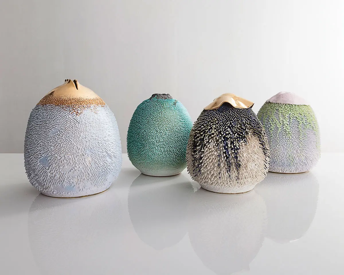 Gold-topped accretion vases with porcelain slips in CHG-10.2 glaze, designed and made by The Haas Brothers, Los Angeles, 2015