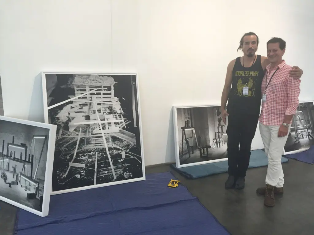 Core Fellow Rodrigo Valenzuela (left), last year's $10,000 Texas Contemporary Prize winner, with dealer David Shelton. 