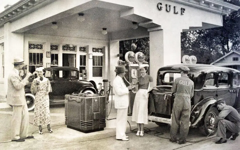 Gulf history: This photograph of the gas station was taken around 1930. It was taken to promote the Kelvinator icebox, which allowed people to enjoy cold drinks outdoors. (Photo courtesy of Retrospect Coffee Bar's Facebook page)