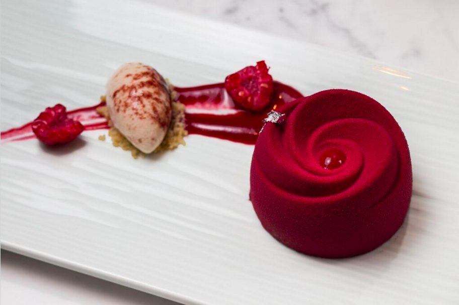 Yauatcha is more than just dim sum. The restaurant also offers an in-house patisserie, which serves up French desserts like this raspberry delice. 