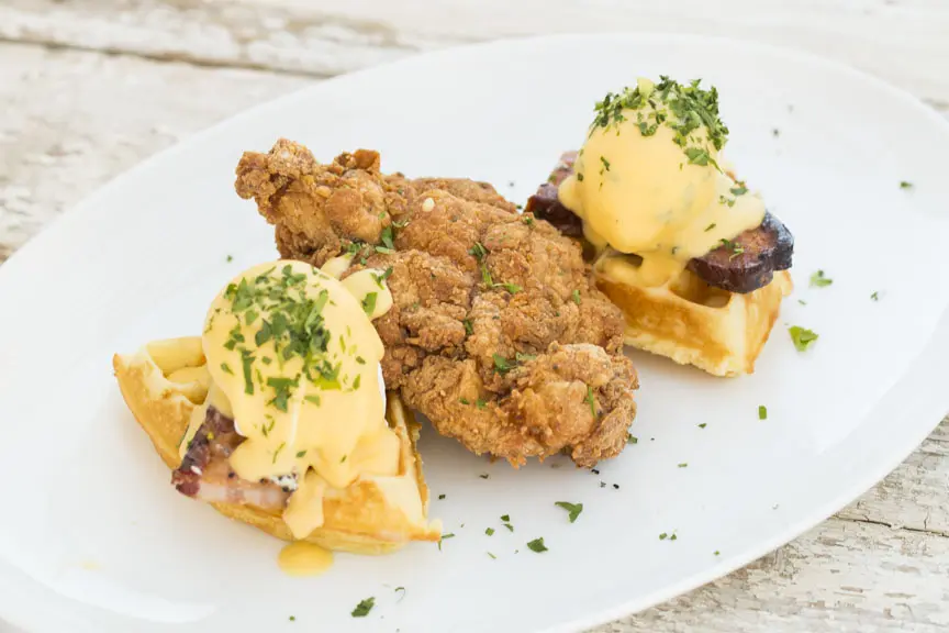 B&B put a twist on the classic chicken and waffles dish with creamed corn waffle. 