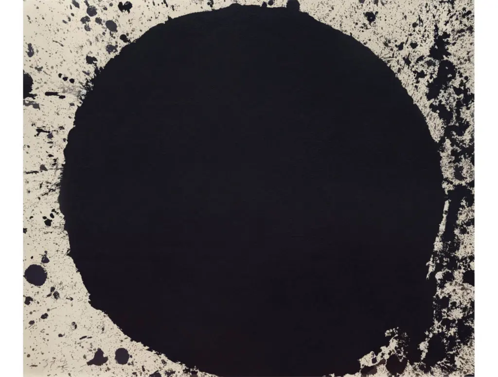 Richard Serra’s etching “Coltrane,” 1999, recalls a pock-marked planet, at Hiram Butler Gallery.