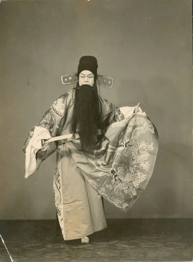 An early portrait of the artist's father, Zhou Xinfang, a pivotal force in Beijing opera. Shown in the role Mei Bo in “The Burning of Mei Bo,” circa 1920s. Courtesy Michael and Eva Chow.