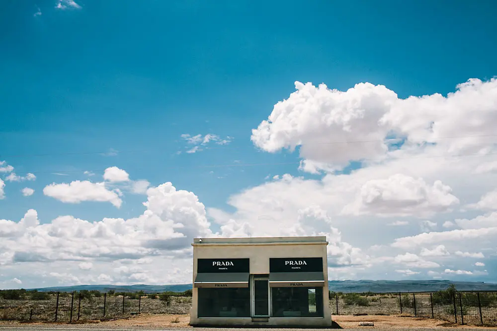 Prada Marfa is a permanently installed, pop architectural land art project by artists Elmgreen and Dragset, 26 miles northwest of Marfa.