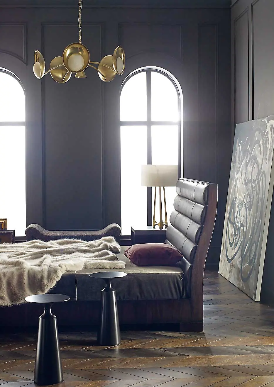 Jean-Louis Deniot for Baker Tashmarine bed, Viridine square accent table, Iron Eye floor lamp