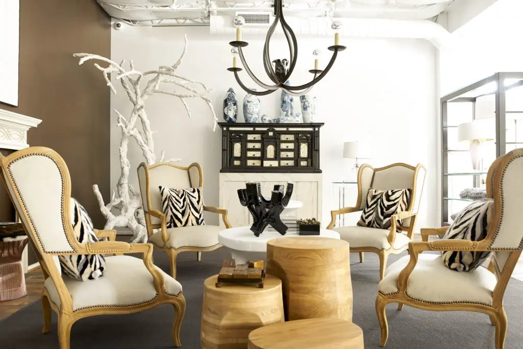 David Sutherland teak chairs and nesting tables. George Sellers faux bois tree.
