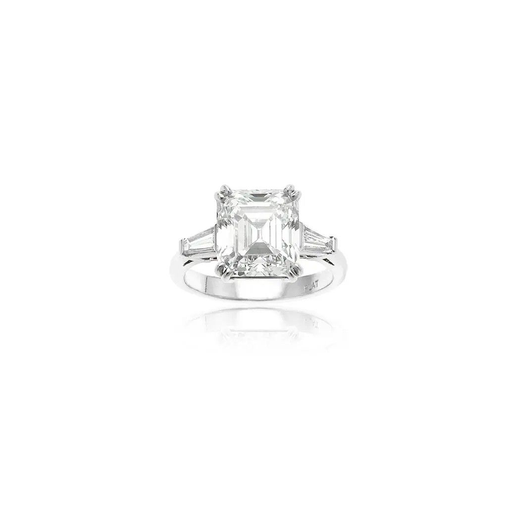 William Noble 5-Carat Square Emerald Cut Diamond: set in platinum with two tapered baguettes