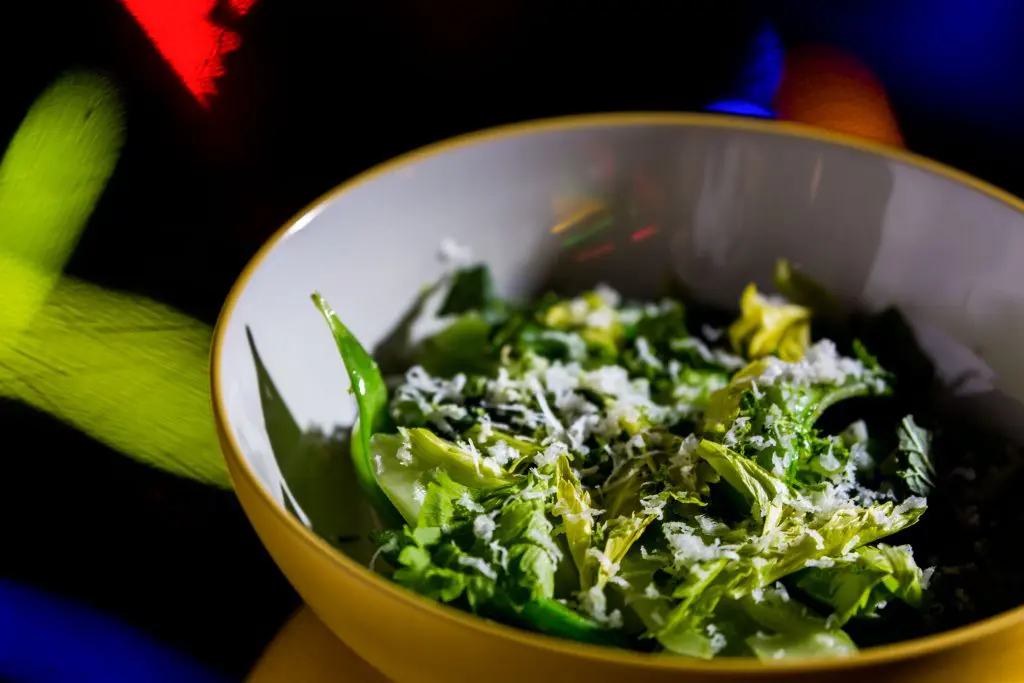 Warm snap peas with celery, mint, and horseradish