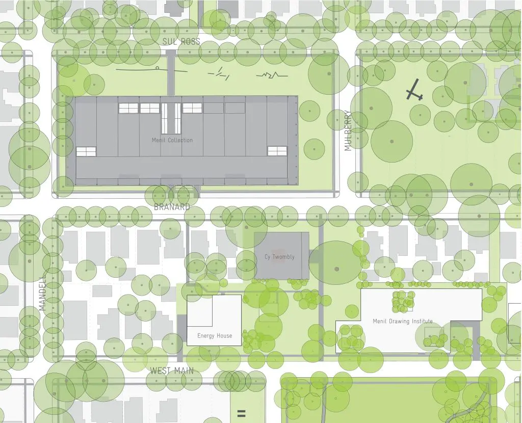 Site plan for the Menil Drawing Institute and new Energy House reveals its relation to the main museum building and Cy Twombly Gallery, the latter both designed by Renzo Piano. 