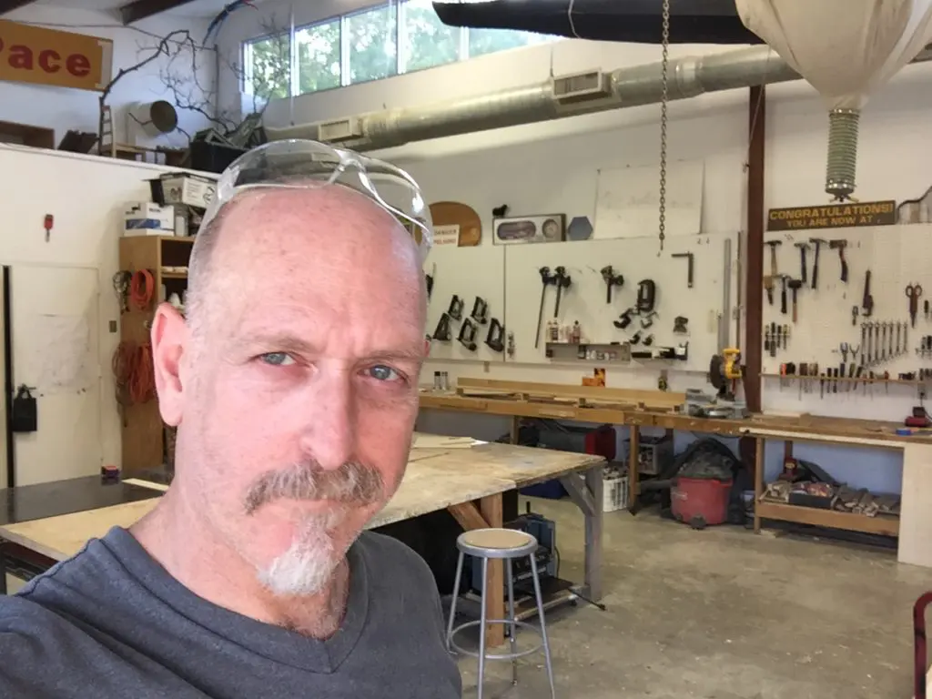 Heyd Fontenot takes a selfie in the Artpace wood shop.