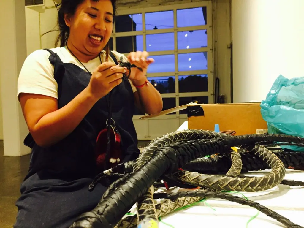 Artist and friend Mylan Nguyen visited from Dallas and I put her to work immediately helping me mend frayed bullwhips I found in a Seattle thrift store. "Bullwhips?!?!  What’s he planning?" You’ll have to see for yourself on November 9 at San Antonio’s Artpace.