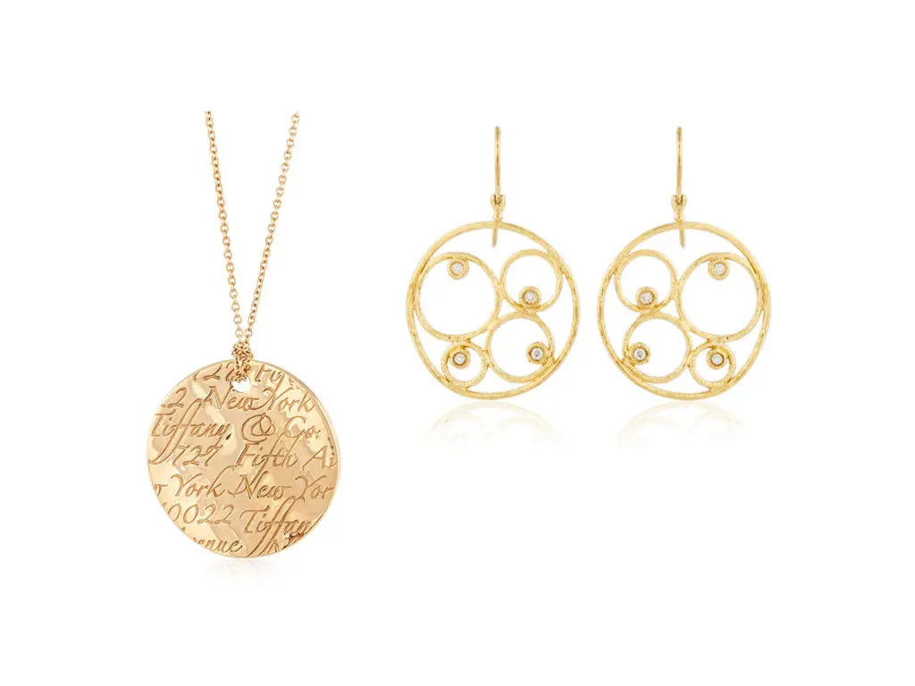 Designer jewelry under $1500, featuring a Tiffany & Co. pendant and Roberto Coin dangle earrings