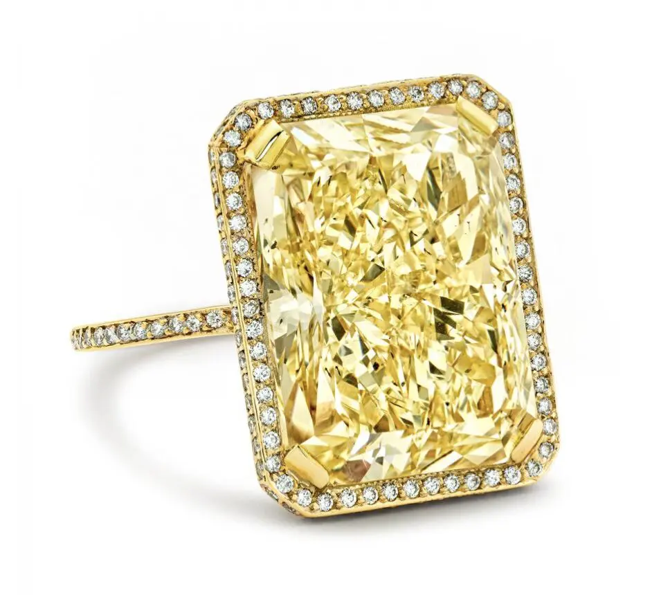 Diamond Ring with fancy yellow diamond and pave diamond frame and shank, price on request. 