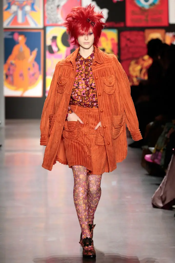 Anna Sui orange corduroy skirt and jacket, floral blouse. (Photo by Anna Sui)