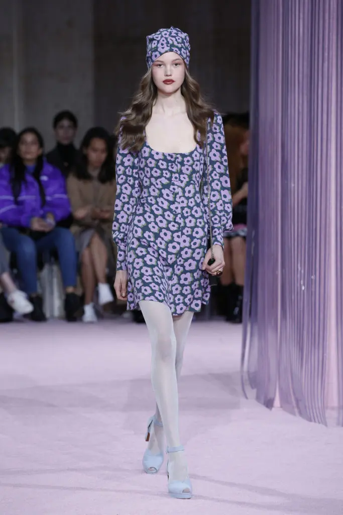 Kate Spade New York purple print dress and matching turban. (Photo by Kate Spade New York)