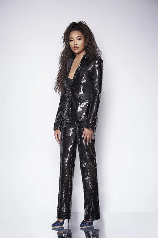 Ming Lee, the 19-year-old daughter of Kimora Lee Simmons, models a dark sequin tuxedo pantsuit. (Photo by Kimora Lee Simmons)