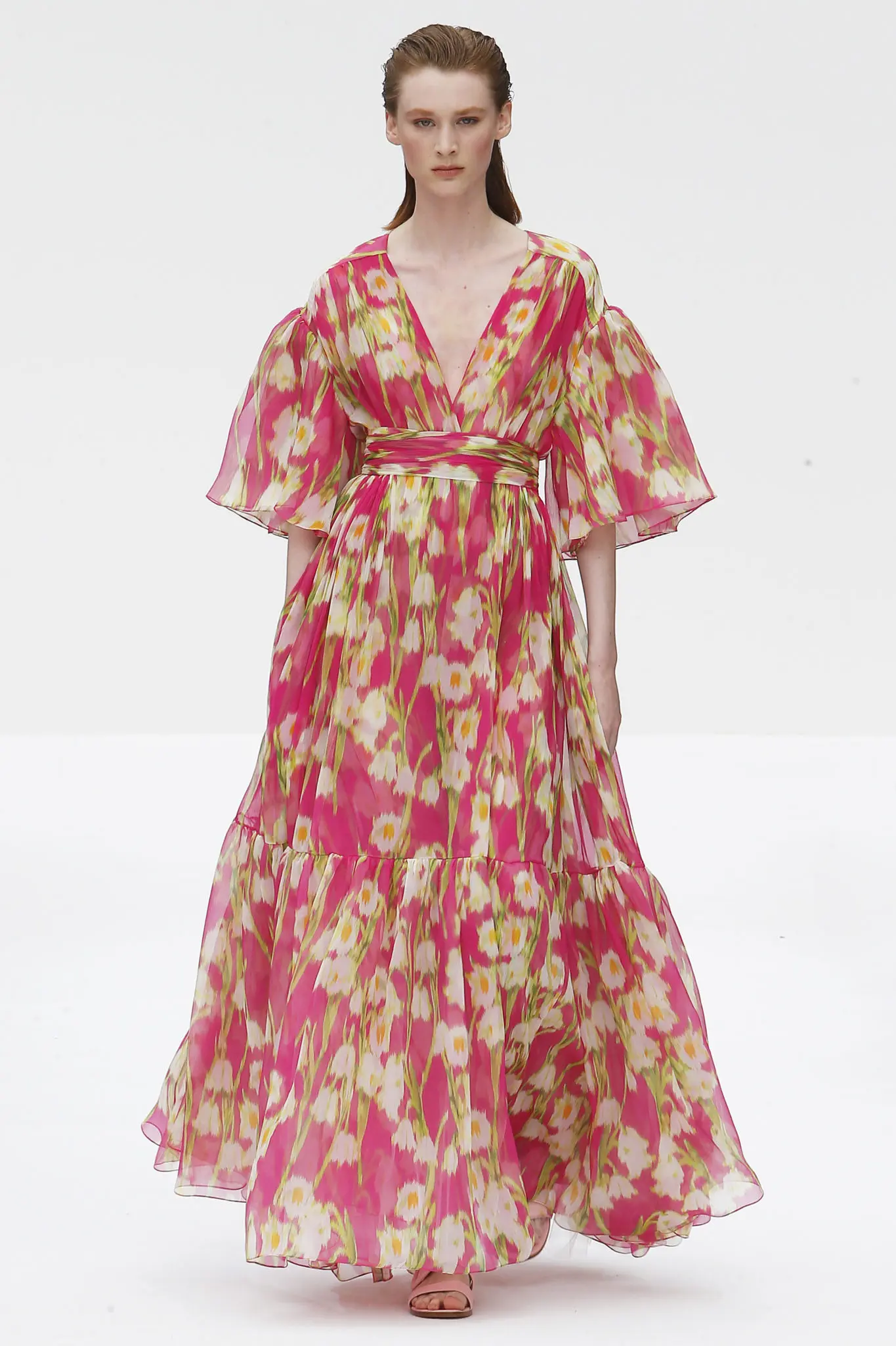 Carolina Herrera multi lily of the valley pink chiffon wide sleeve gathered hem dress.  (Photo courtesy of Carolina Herrera)
