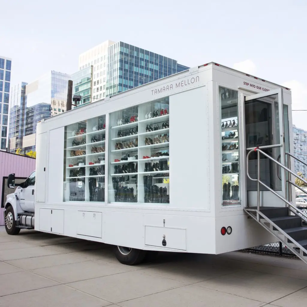 The 24 foot truck features floor-to-ceiling glass panels showcasing the shoe collection.