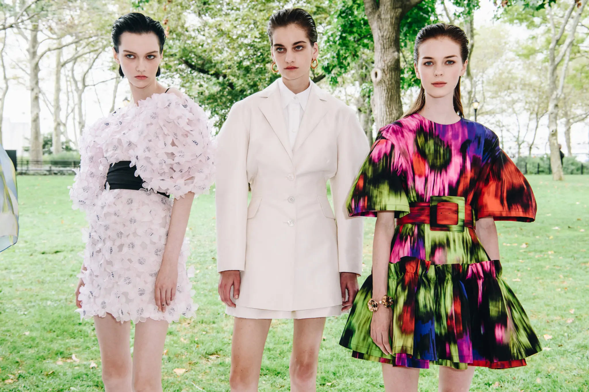Carolina Herrera party dresses in pink and a floral pattern. (Photo by Nina Westervelt courtesy of Carolina Herrera)