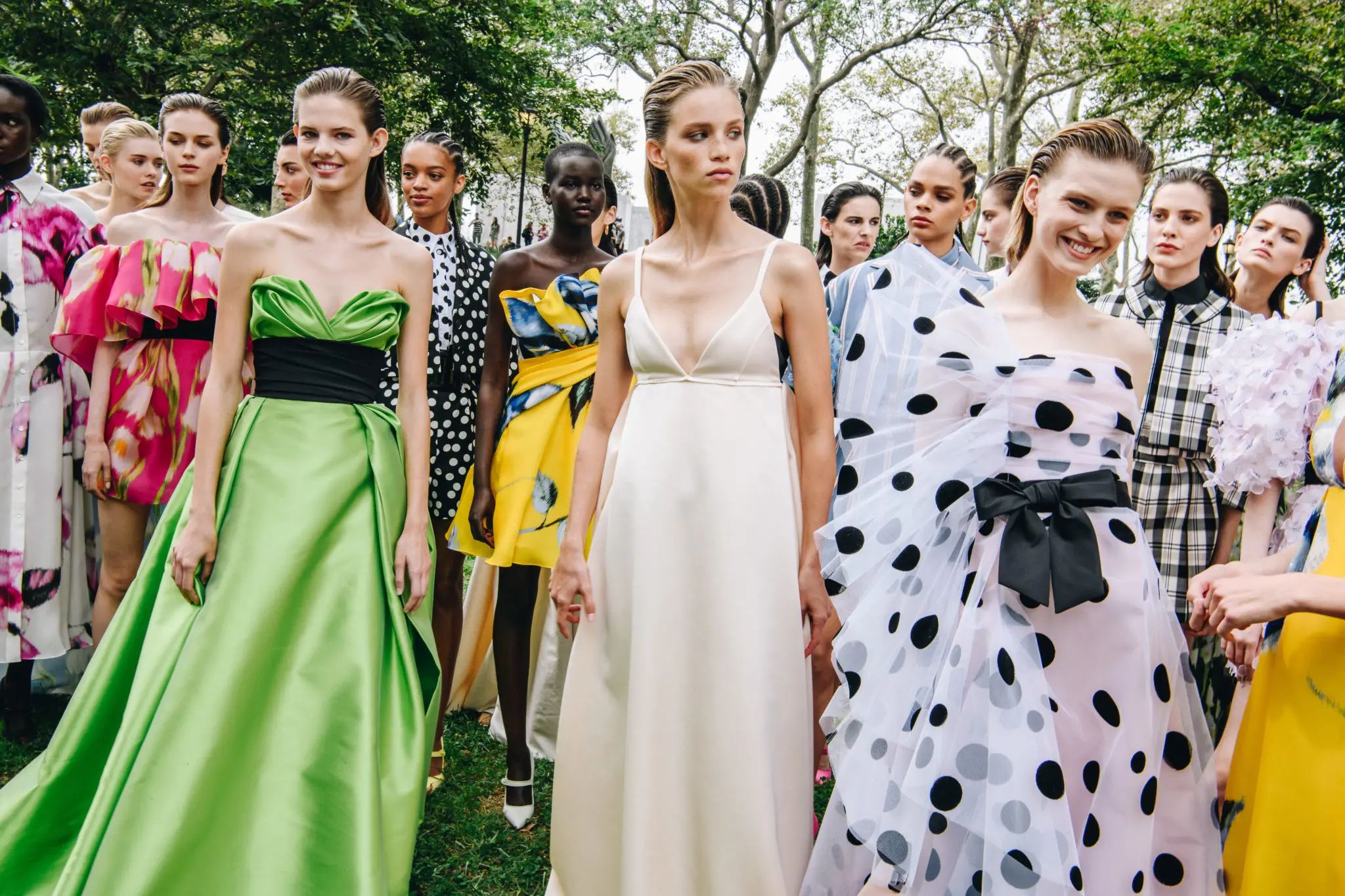 Before the start of the Carolina Herrera runway show, models gathered in the Garden of the Battery, where the show was held. (Photo by Nina Westervelt courtesy of Carolina Herrera)
