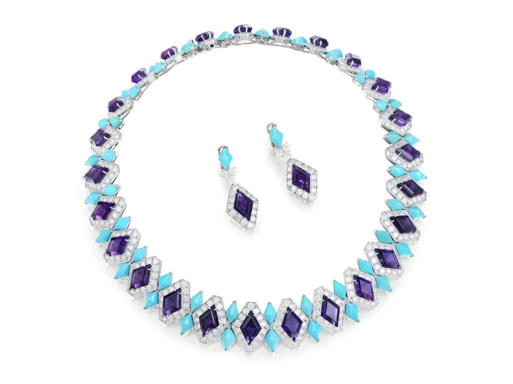 Vintage Asprey 18K white gold turquoise and amethyst necklace and earring set, circa 1990.