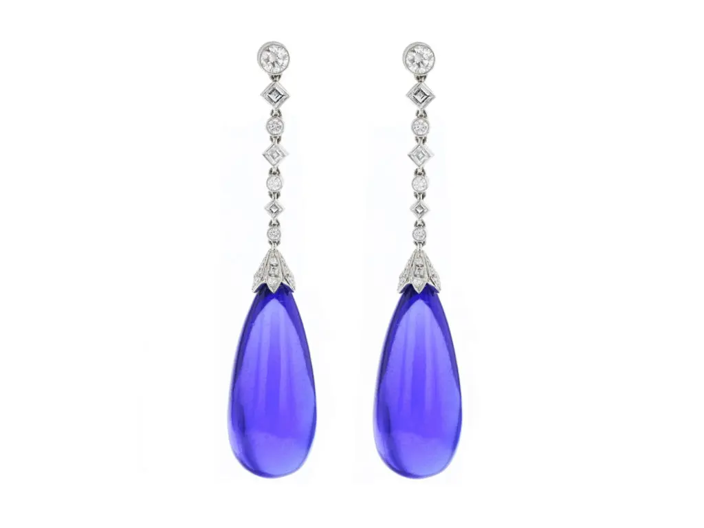 Estate Tiffany & Co. Blue Book tanzanite and diamond drop earrings, set in platinum, circa 2000.