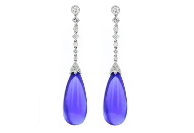 Estate Tiffany & Co. Blue Book tanzanite and diamond drop earrings, set in platinum, circa 2000.