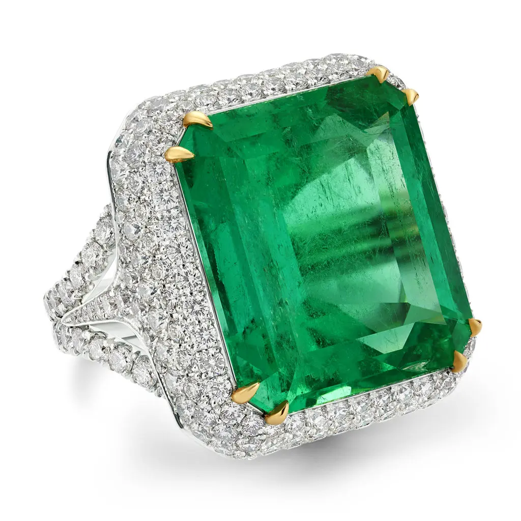Moghul Emerald Ring featuring 36.47 ct. natural beryl Colombian emerald-cut emerald, ablaze with diamonds and set in platinum.