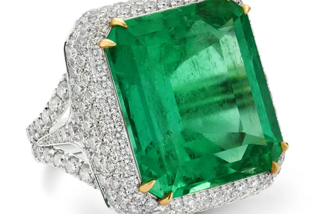 Moghul Emerald Ring featuring 36.47 ct. natural beryl Colombian emerald-cut emerald, ablaze with diamonds and set in platinum.