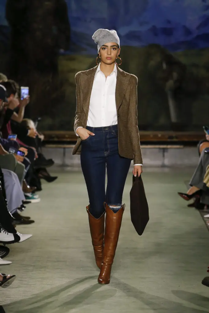 Brandon Maxwell button-down shirt, tweed blazer, denim jeans, and riding boots. (Photo by Monica Feudi)