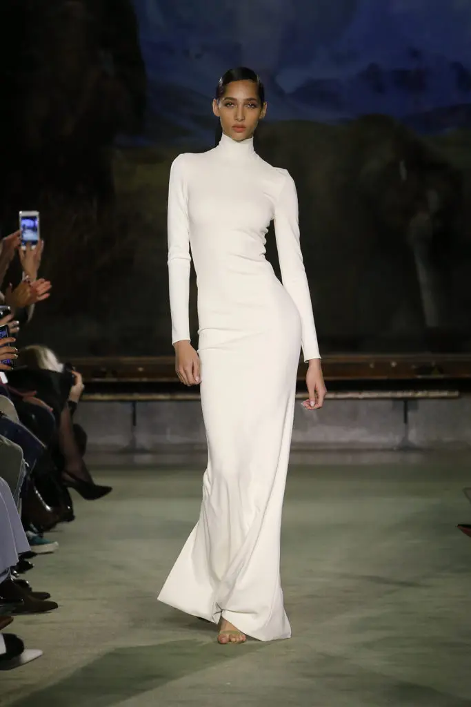 Brandon Maxwell white long-sleeve turtleneck dress. (Photo byMonica Feudi)
