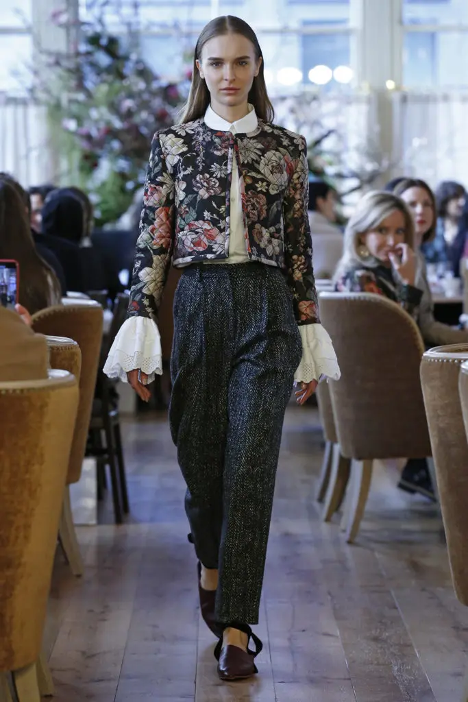 Adam Lippes white cotton poplin shirt, "Rohuna" floral silk quilted jacket, dark grey English wool herringbone pegged pant. (Photo by Dan Lecca)