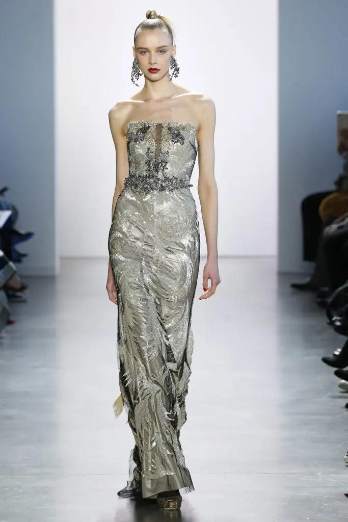 Badgley Mischka silver cocktail gown with beaded detail. Photo courtesy of Badgley Mischka)