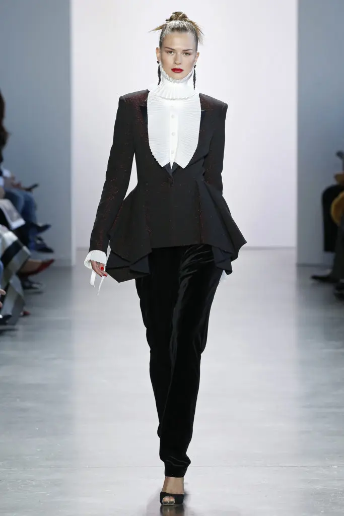 Badgley Mischka black tuxedo with white bibbed collar. (Photo courtesy of Badgley Mischka)
