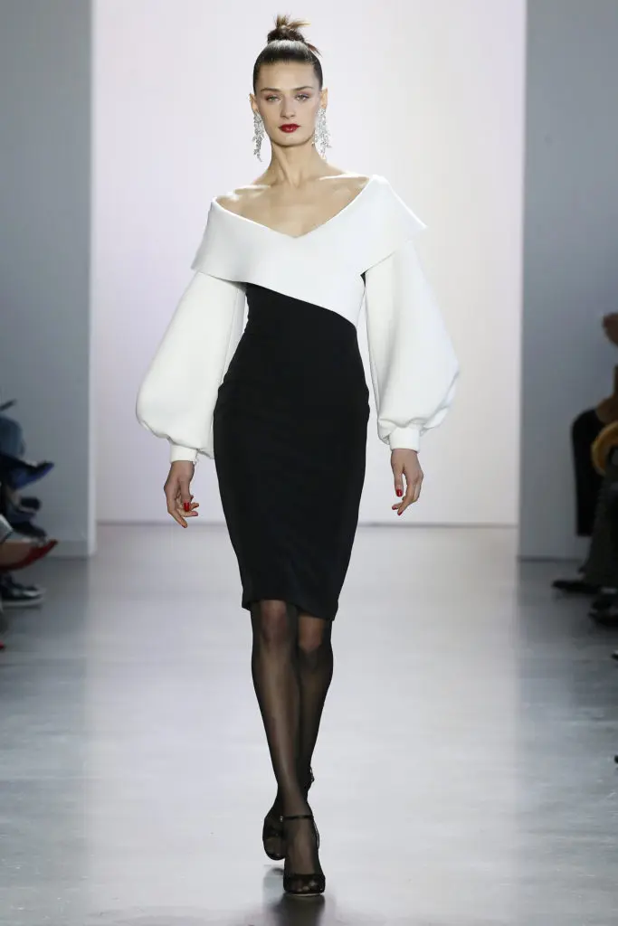 Badgley Mischka little black dress with contrasting white V-neck collar and sleeves. (Photo courtesy of Badgley Mischka)