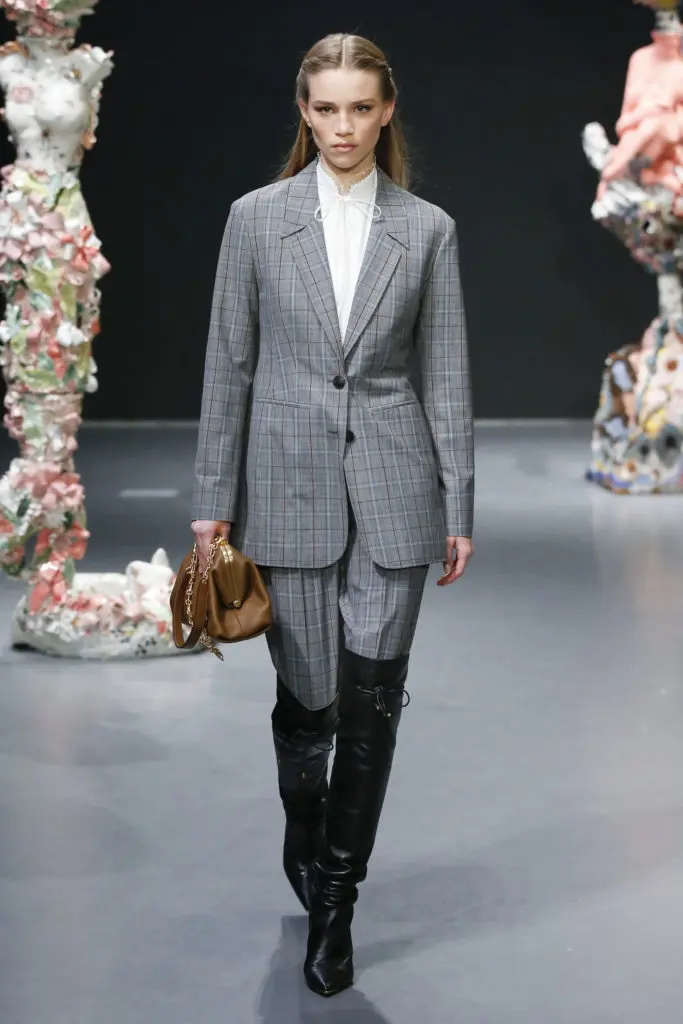 Tory Burch plaid wool jacket and pant, otton poplin top with lace trim, knee-high boots. (Photo courtesy of Tory Burch)
