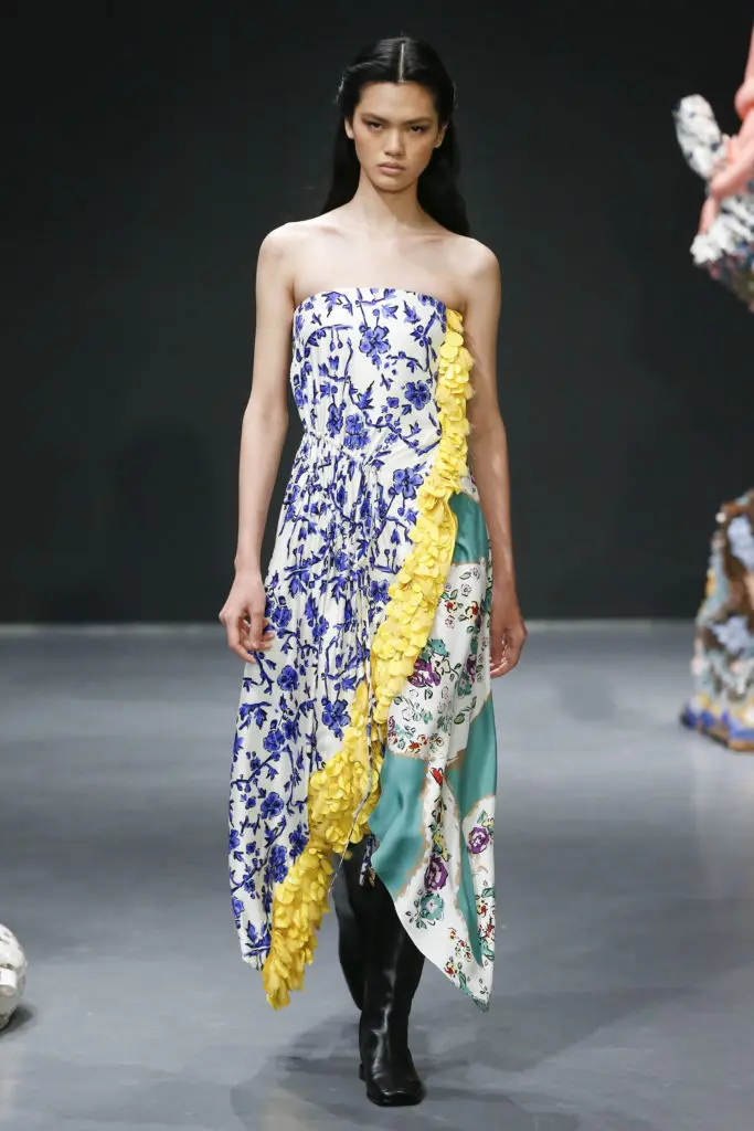 Tory Burch embellished Blue Branches-print and Porcelain Floral-print silk twill dress. (Photo courtesy of Tory Burch)