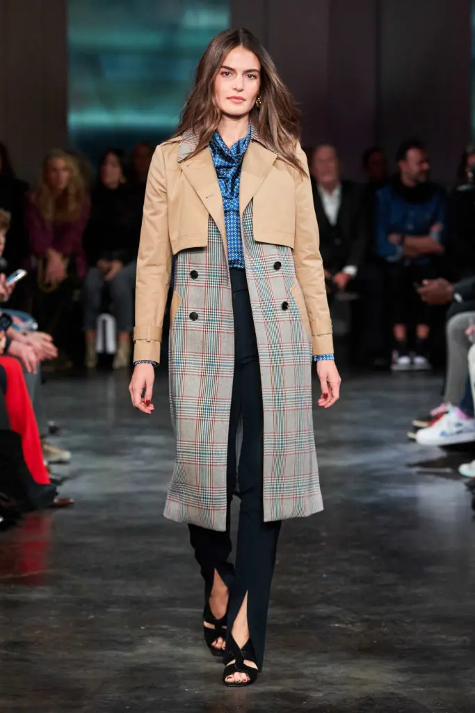 Veronica Beard Vestia blouse, Marika dickey trench coat, Jessamy pants, Aerin sandals. (Photo by Imaxtree)