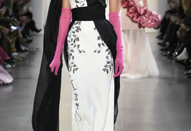 Bibhu Mohapatra ivory and onyx sari gown with black and silver gota embroidery. (Photo by Yannis Vlamos/Indigital.tv)
