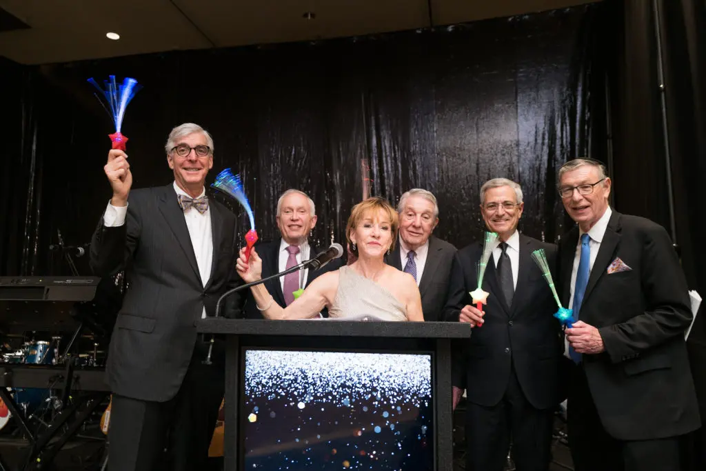 Brad Rauch, Buster Freedman, Judy Yambra, Larry Buck, Michael Feinstein. Gary Swartz at the Seven Acres gala, held at the Hilton Americas-Houston. (Photo by Daniel Ortiz)