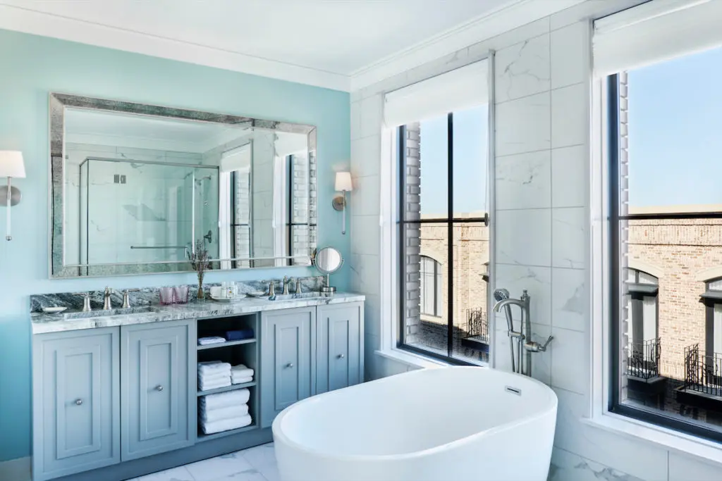 The bathroom in a corner king room. (Photo by Courtesy of The Loutrel)