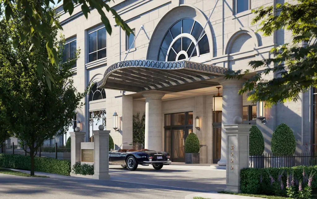 An elegant porte cochere welcomes owners and guests at the Rosewood Residences Turtle Creek. 