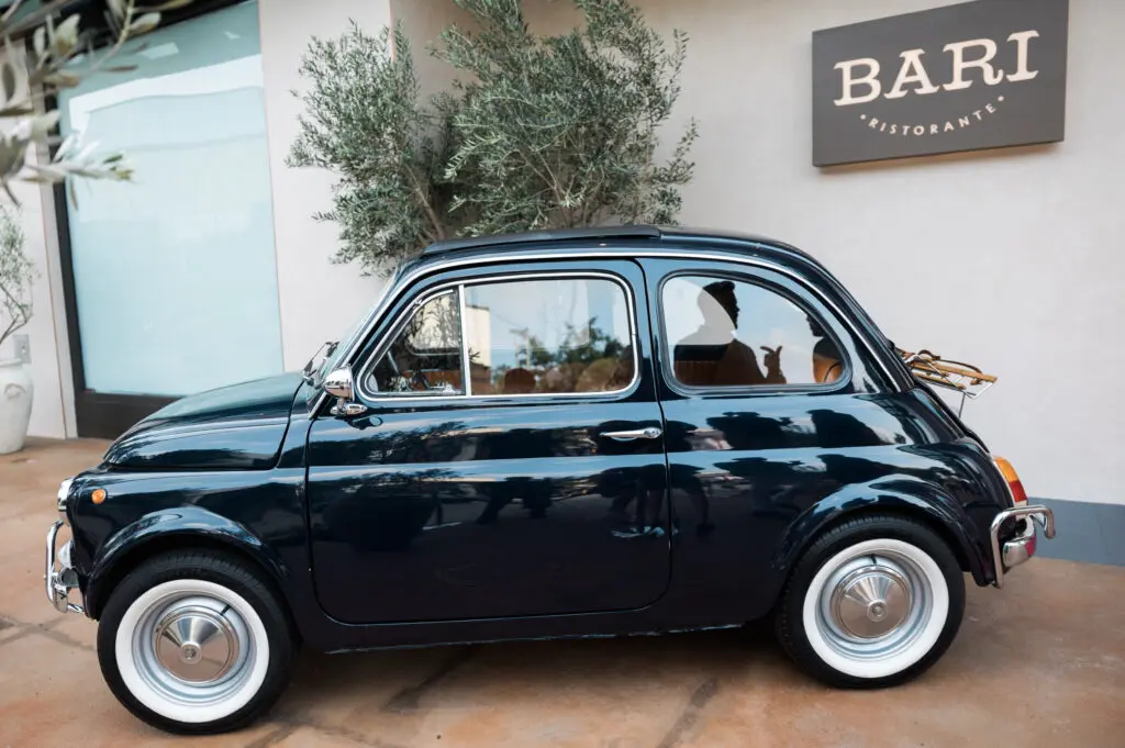 The 1970 Fiat that welcomes guests to Bari Ristorante in River Oaks District (Photo by Johnny Than)