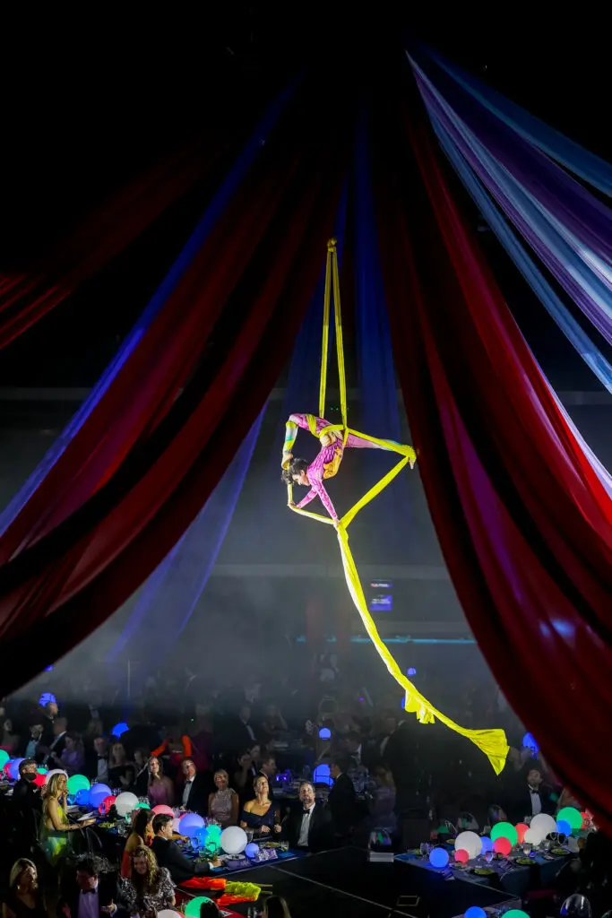 Aerialists welcome guests to the Children's Fund 'An Evening of Mystère!' gala (Photo by Wilson Parish)
